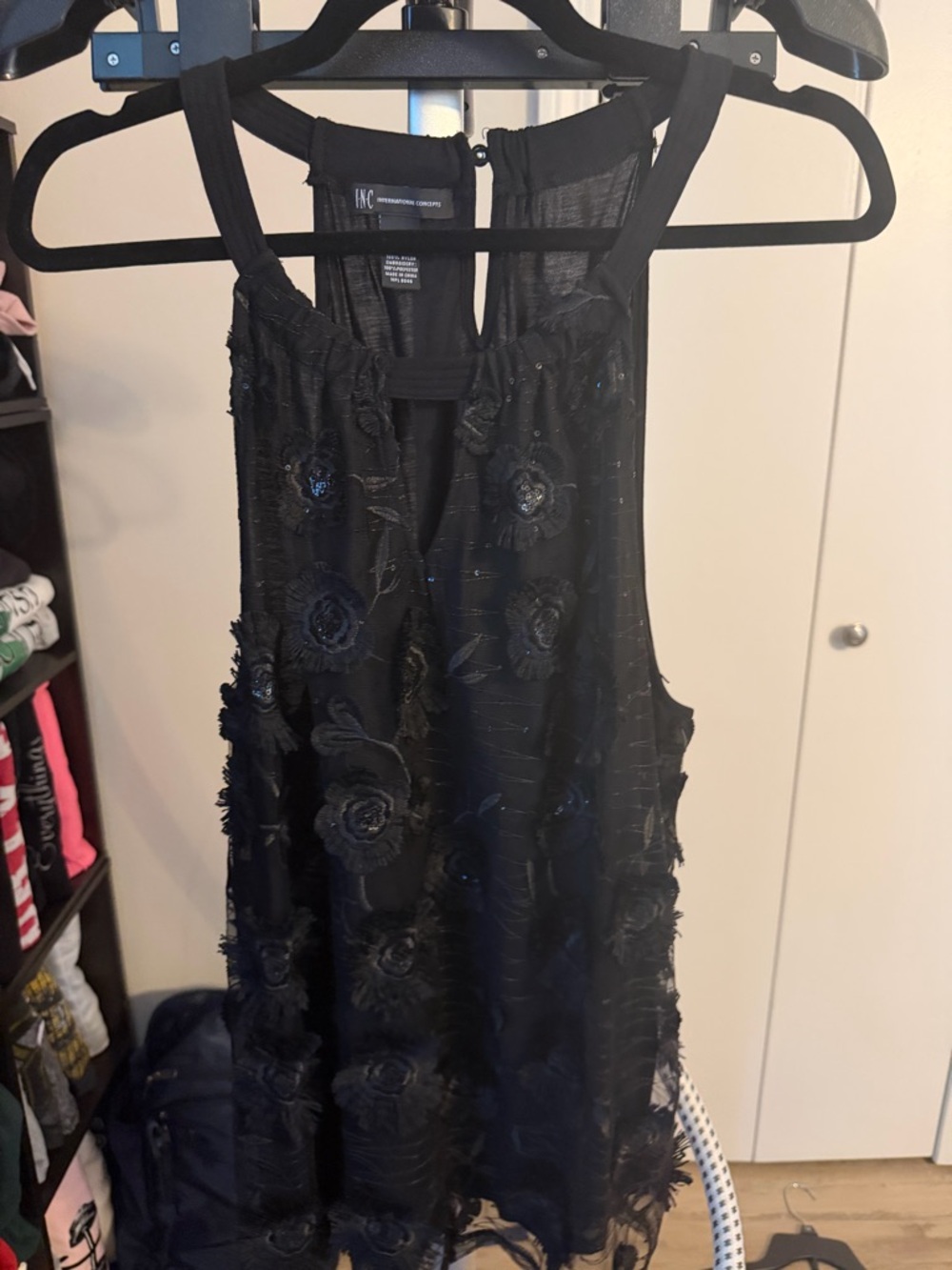 INC International Concepts Black Floral Appliqué Mini Dress